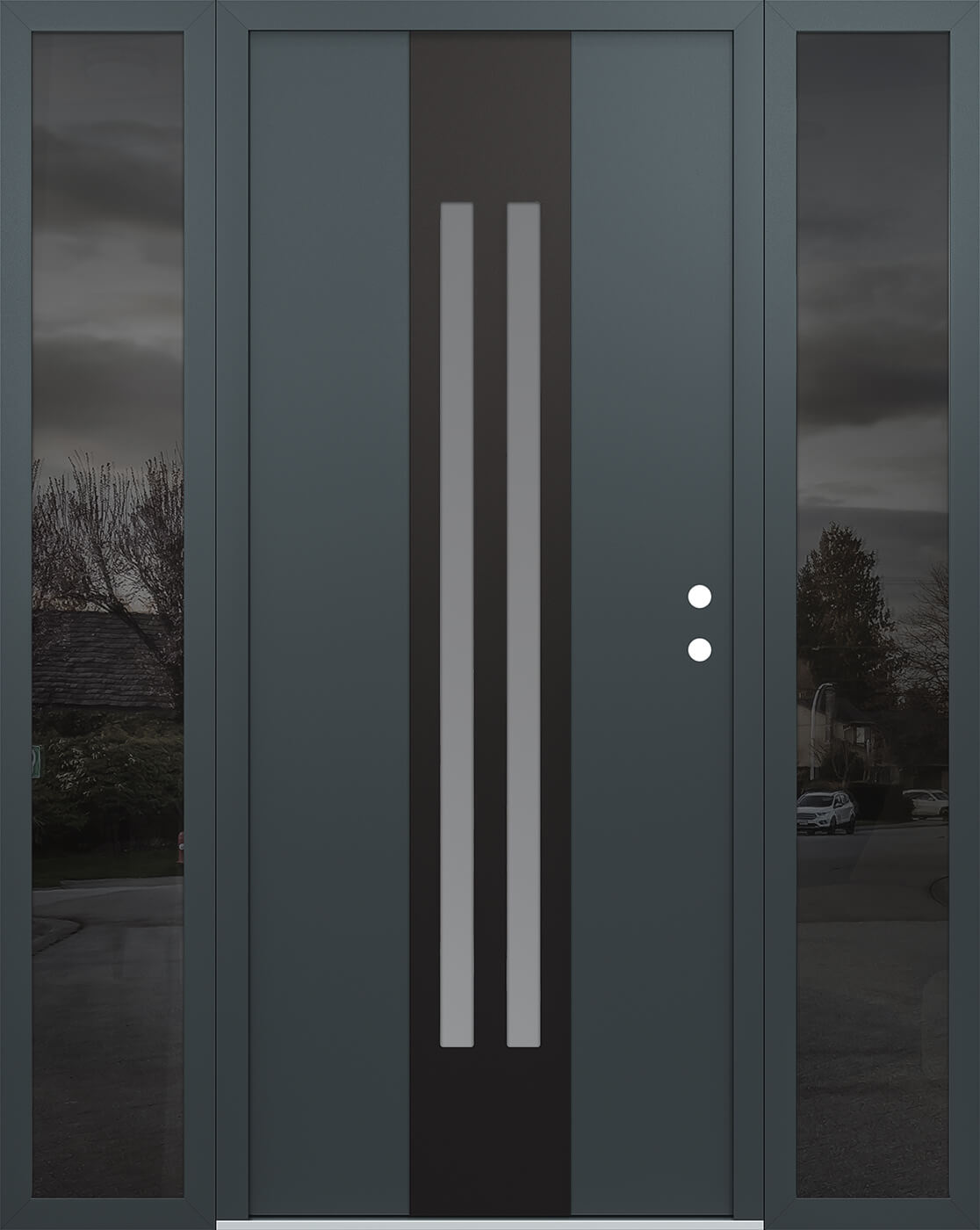 Modern Steel Front Door DIAMOND A8 64" X 80" ANTHRACITE/ANTHRACITE FROSTED GLASS PANEL BLACK LHI WITH 2 SIDELITES MIRRORED GLASS