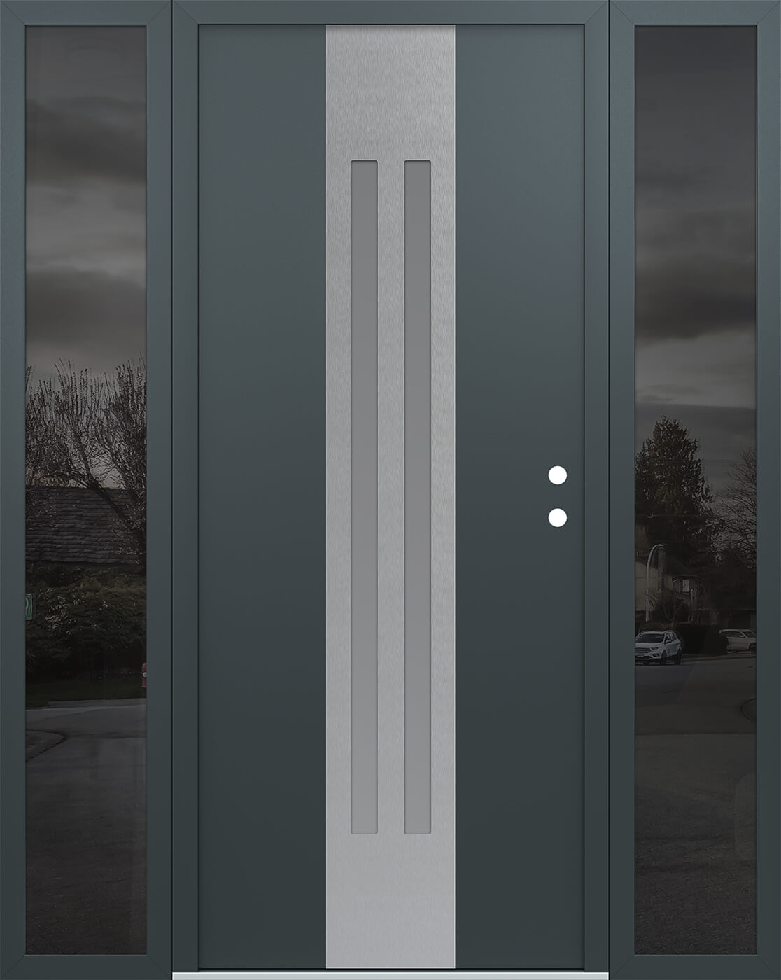 Modern Steel Front Door DIAMOND A8 64" X 80" ANTHRACITE/ANTHRACITE FROSTED GLASS PANEL STAINLESS STEEL LHI WITH 2 SIDELITES MIRRORED GLASS
