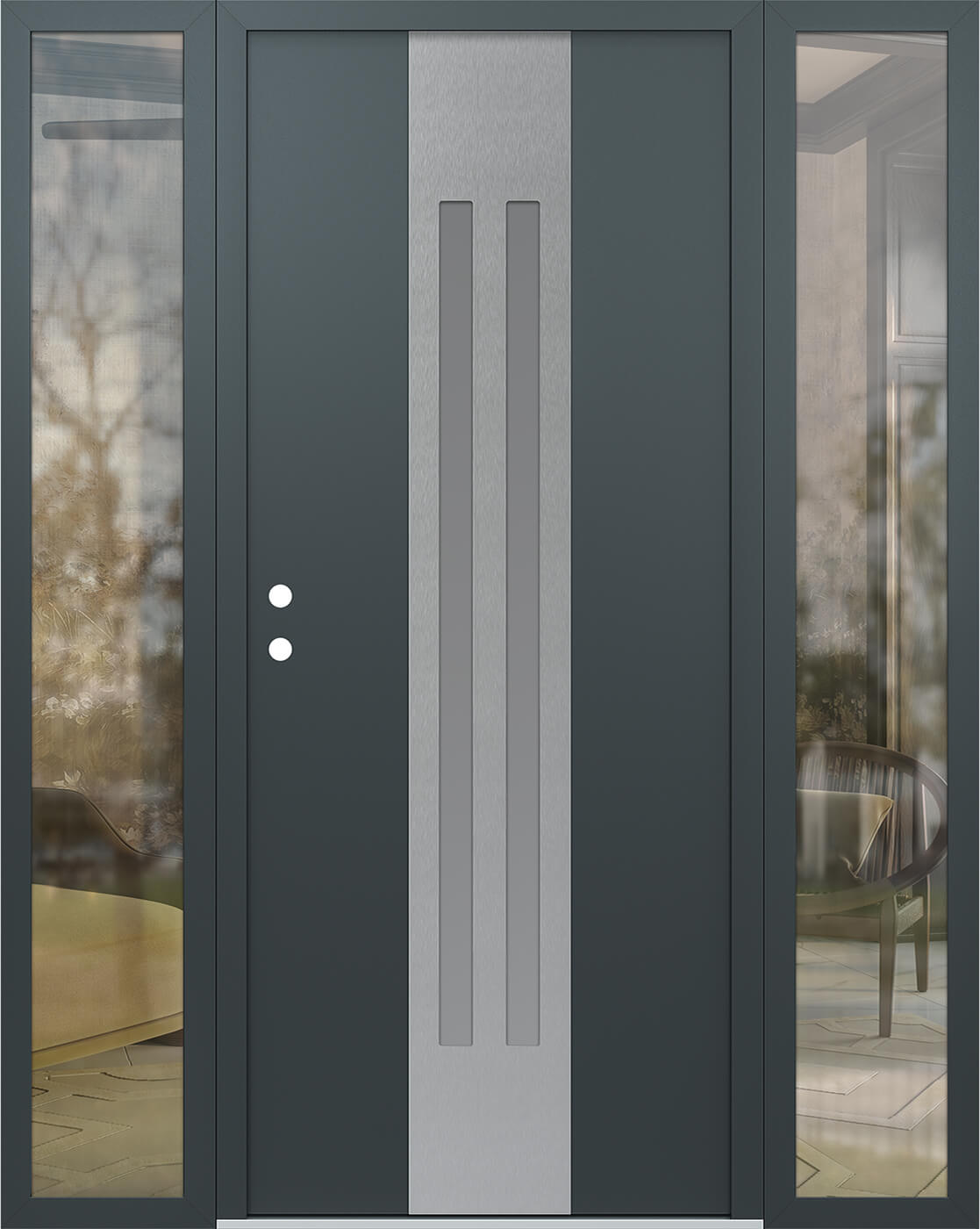 Modern Steel Front Door DIAMOND A8 64" X 80" ANTHRACITE/ANTHRACITE FROSTED GLASS PANEL STAINLESS STEEL RHI WITH 2 SIDELITES CLEAR GLASS
