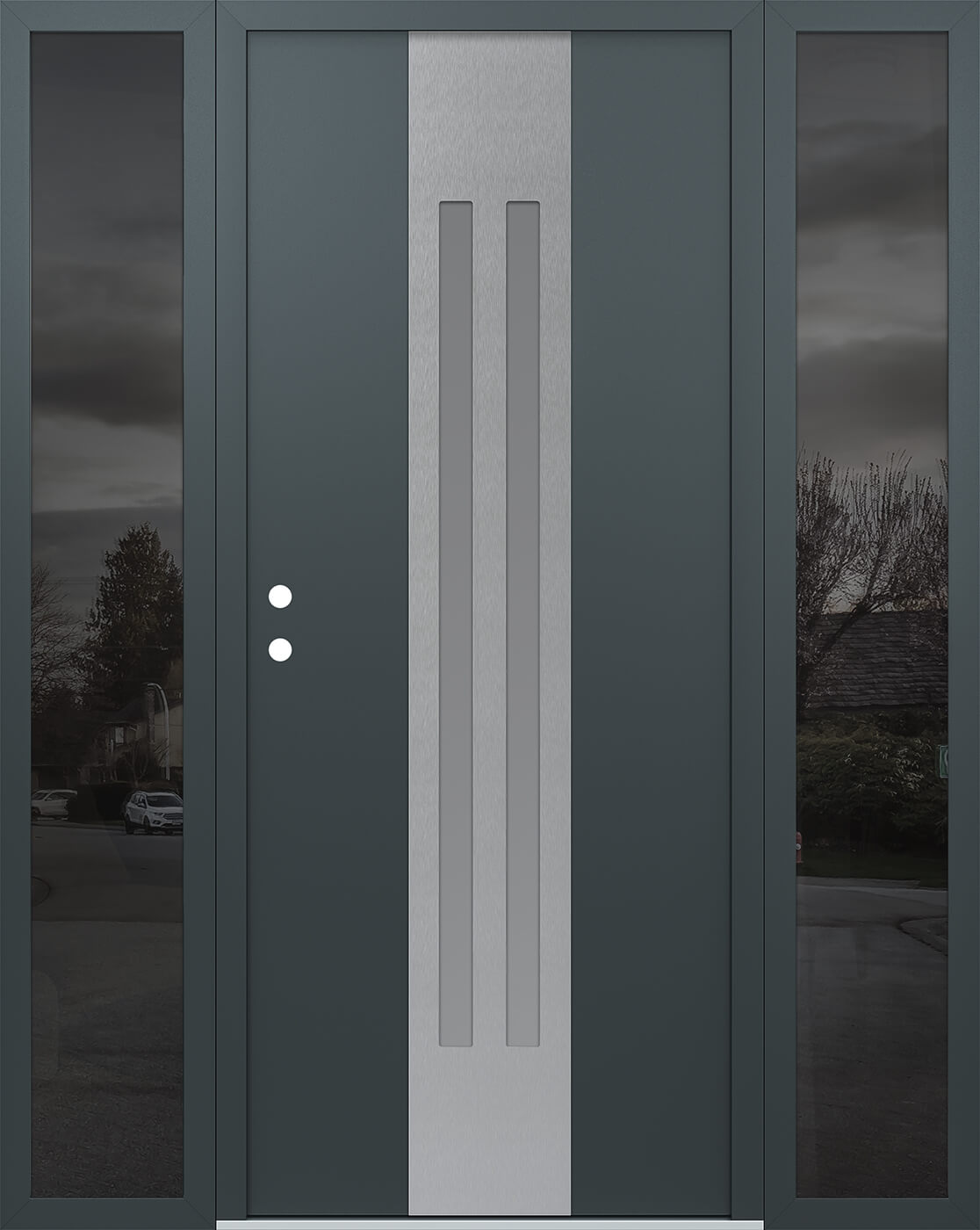 Modern Steel Front Door DIAMOND A8 64" X 80" ANTHRACITE/ANTHRACITE FROSTED GLASS PANEL STAINLESS STEEL RHI WITH 2 SIDELITES MIRRORED GLASS