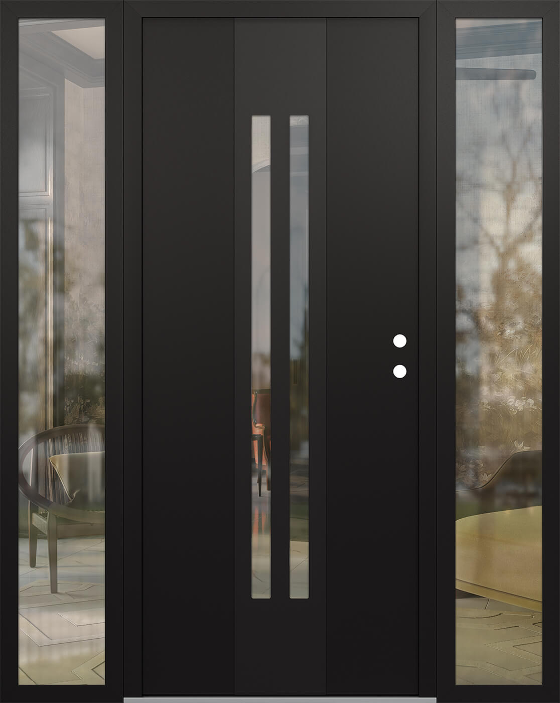 Modern Steel Front Door DIAMOND A8 64" X 80" BLACK/BLACK CLEAR GLASS PANEL BLACK LHI WITH 2 SIDELITES CLEAR GLASS