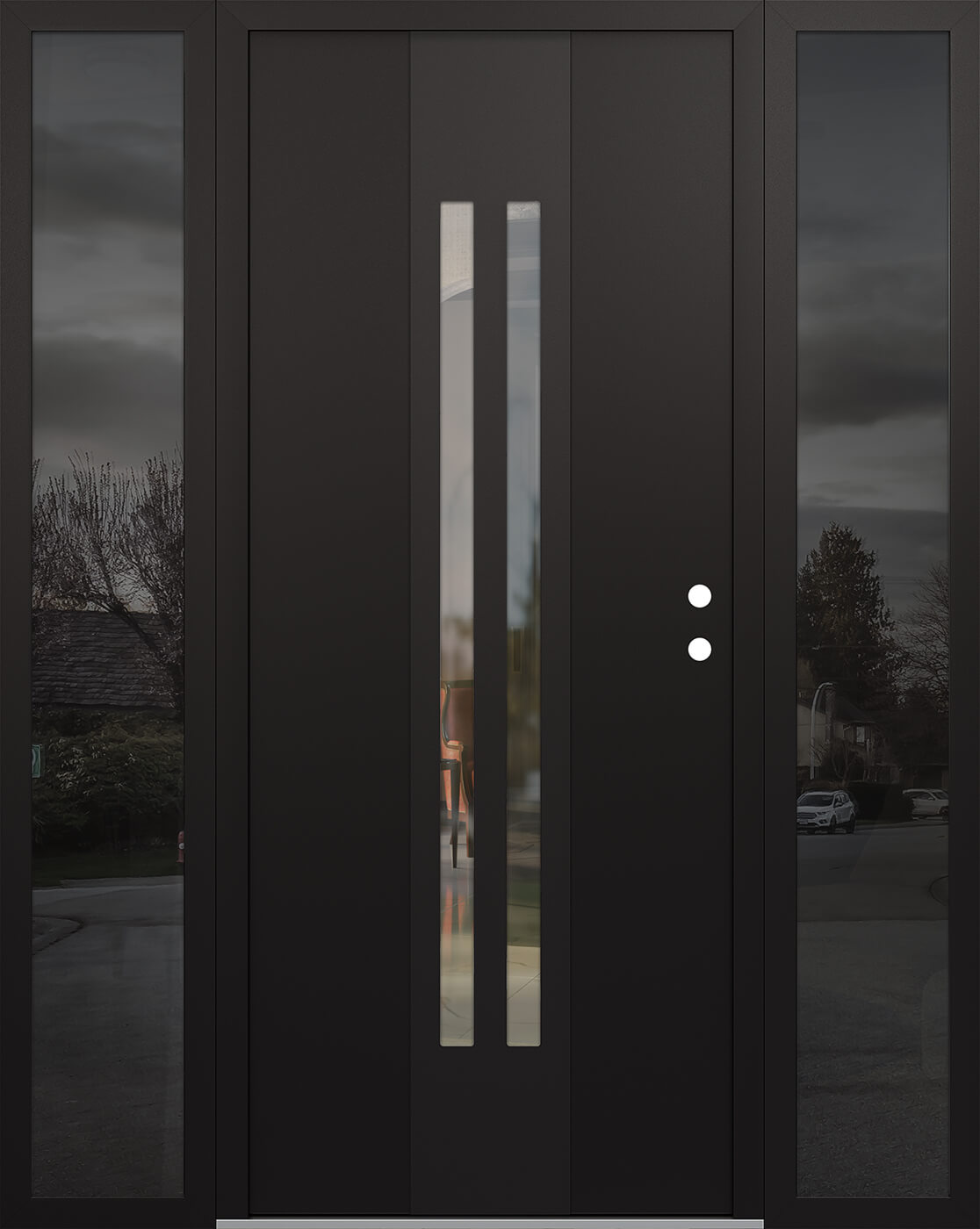 Modern Steel Front Door DIAMOND A8 64" X 80" BLACK/BLACK CLEAR GLASS PANEL BLACK LHI WITH 2 SIDELITES MIRRORED GLASS