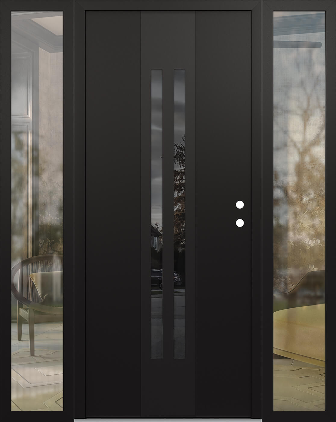 Modern Steel Front Door DIAMOND A8 64" X 80" BLACK/BLACK MIRRORED GLASS PANEL BLACK LHI WITH 2 SIDELITES CLEAR GLASS