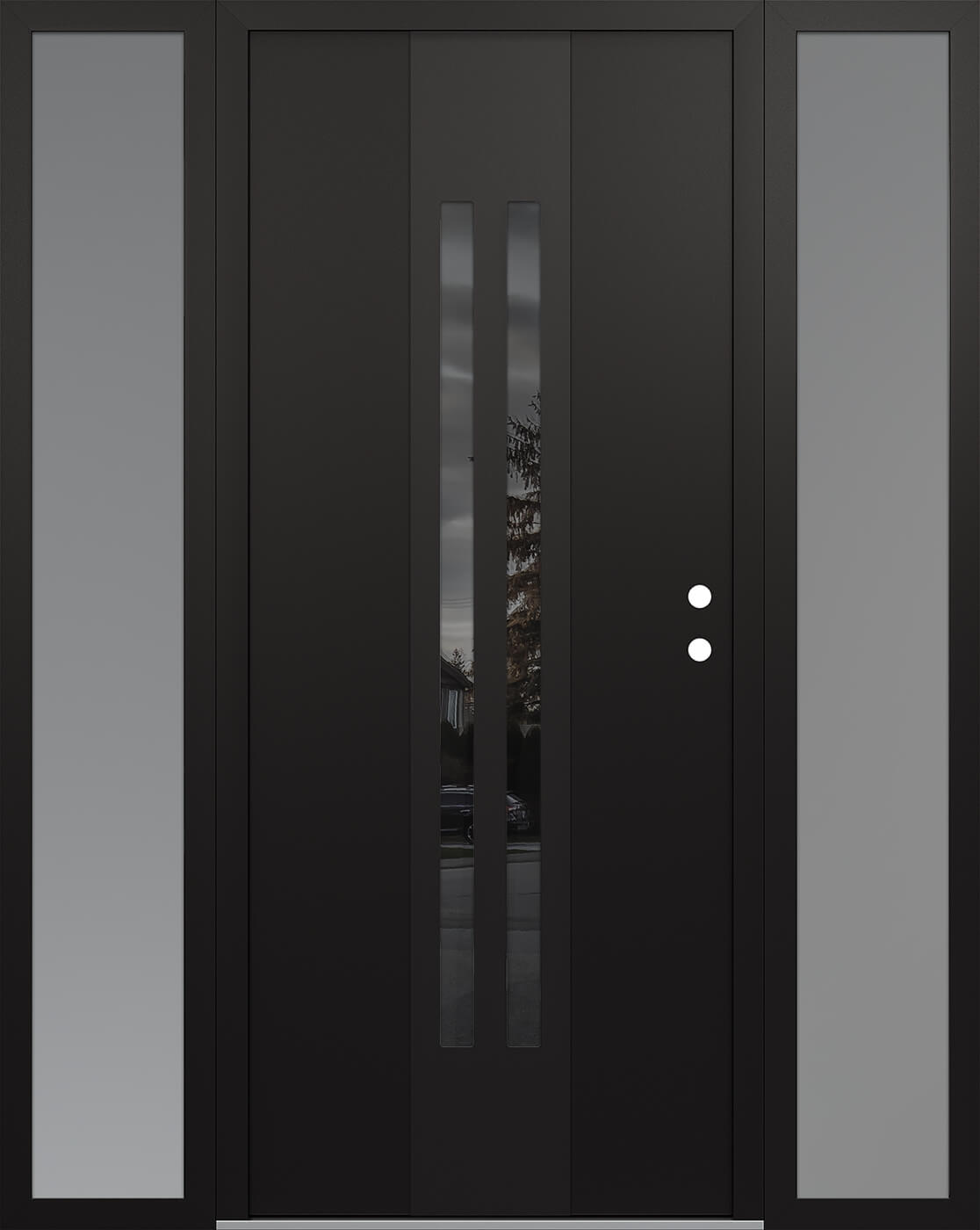 Modern Steel Front Door DIAMOND A8 64" X 80" BLACK/BLACK MIRRORED GLASS PANEL BLACK LHI WITH 2 SIDELITES FROSTED GLASS