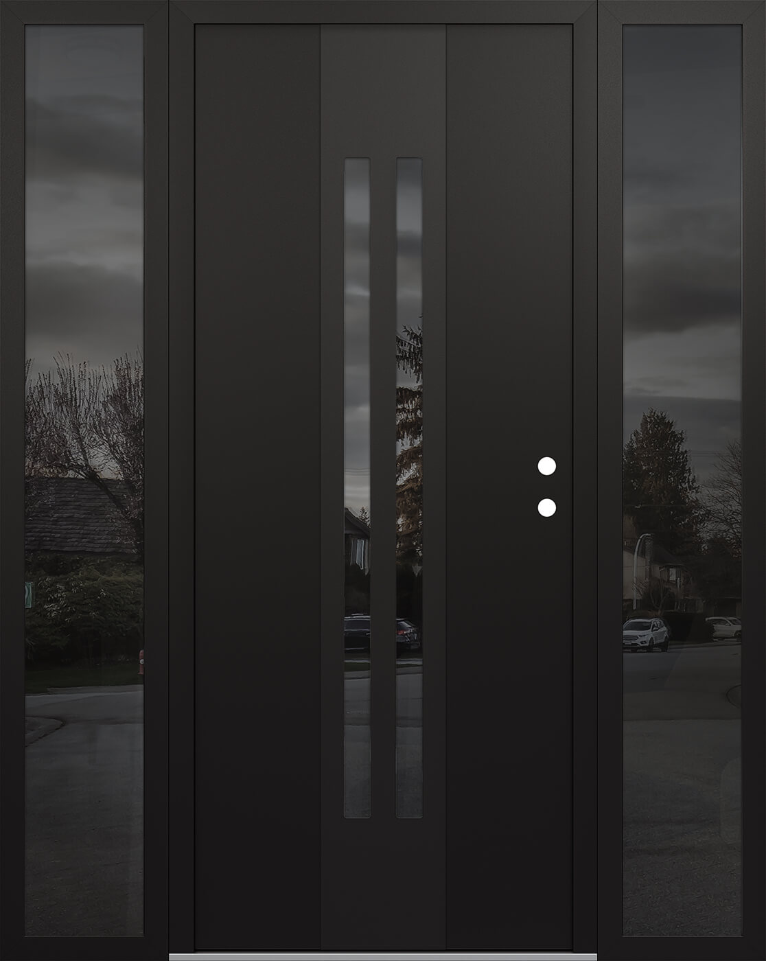 Modern Steel Front Door DIAMOND A8 64" X 80" BLACK/BLACK MIRRORED GLASS PANEL BLACK LHI WITH 2 SIDELITES MIRRORED GLASS
