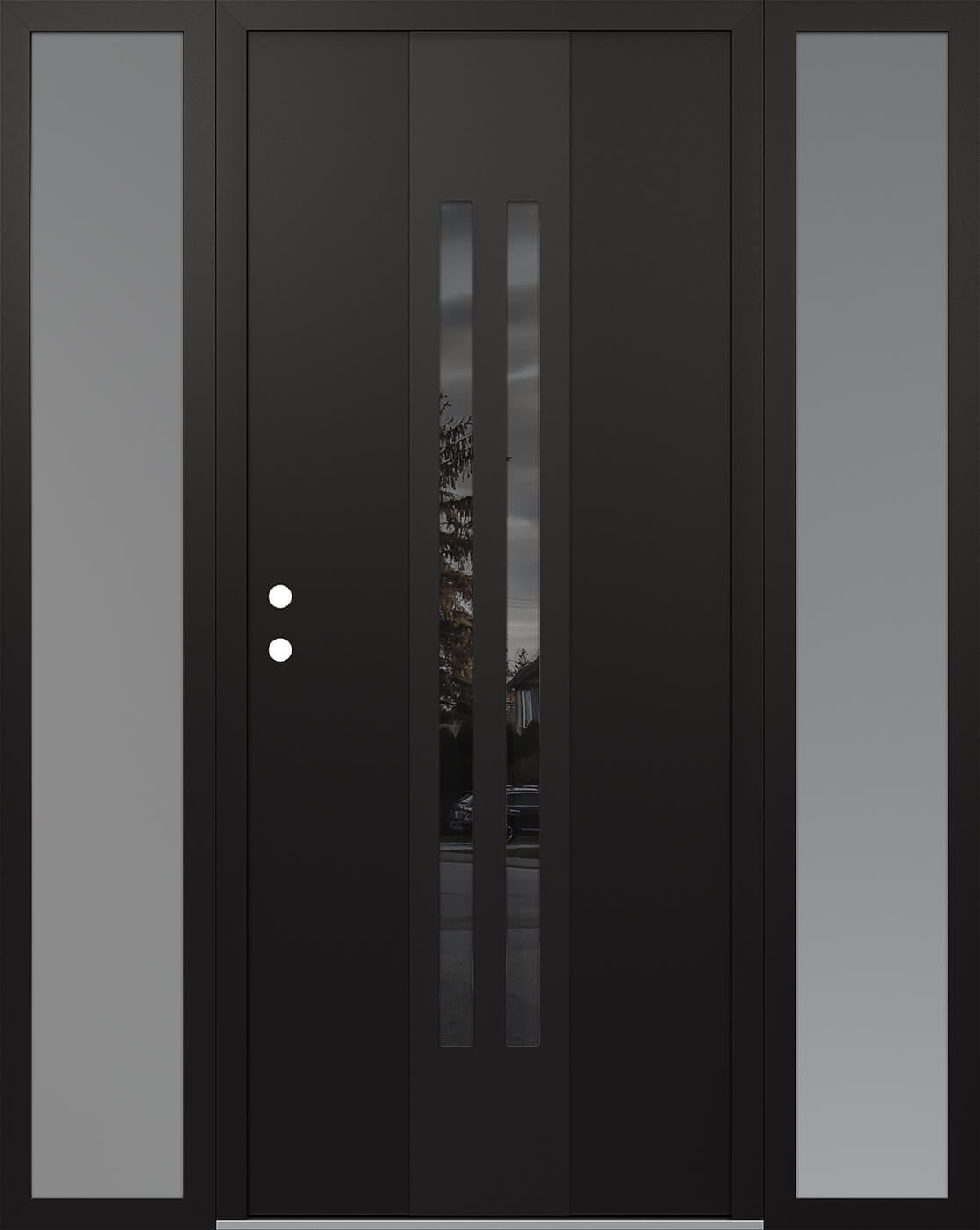 Modern Steel Front Door DIAMOND A8 64" X 80" BLACK/BLACK MIRRORED GLASS PANEL BLACK RHI WITH 2 SIDELITES FROSTED GLASS