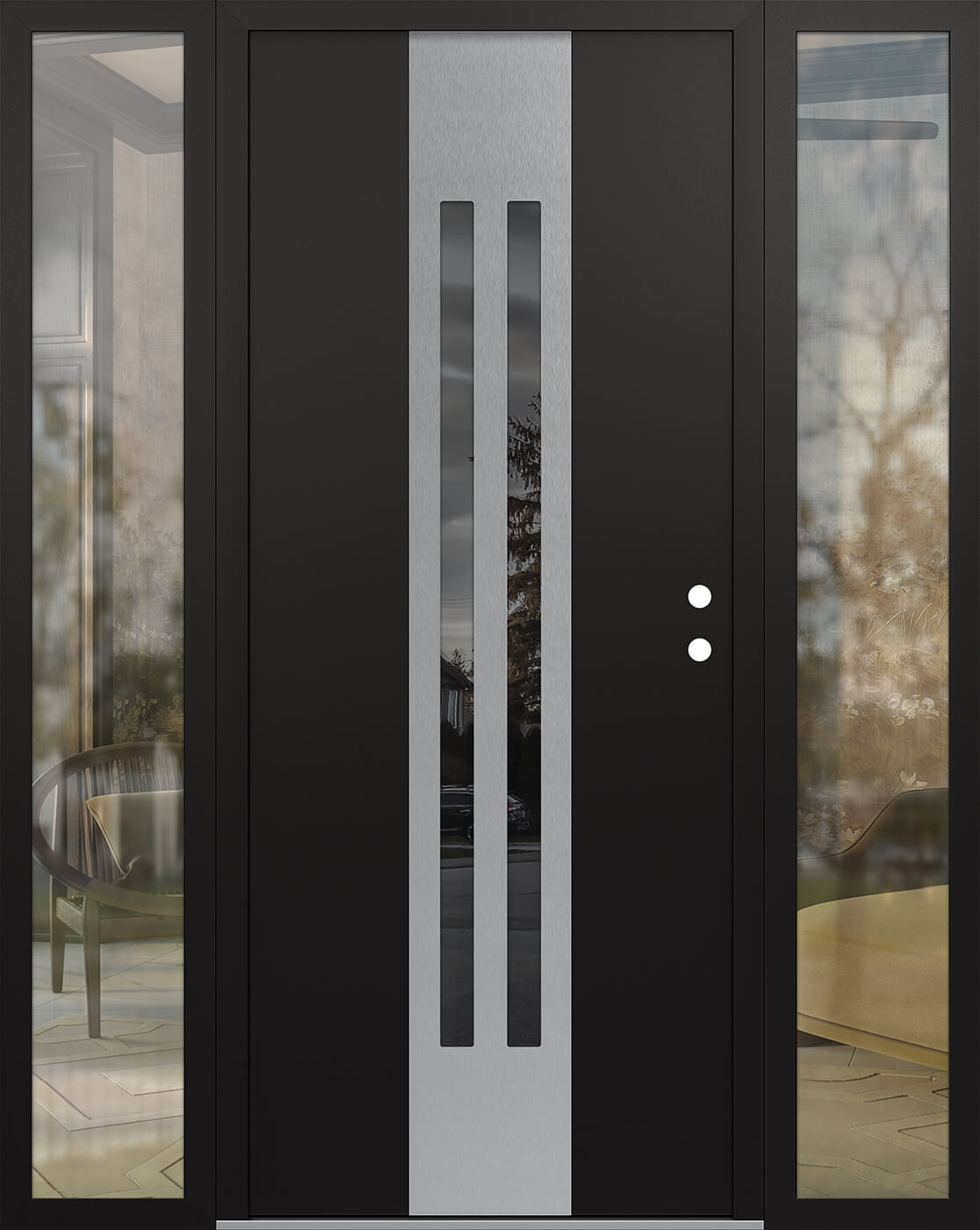Modern Steel Front Door DIAMOND A8 64" X 80" BLACK/BLACK MIRRORED GLASS PANEL STAINLESS STEEL LHI WITH 2 SIDELITES CLEAR GLASS