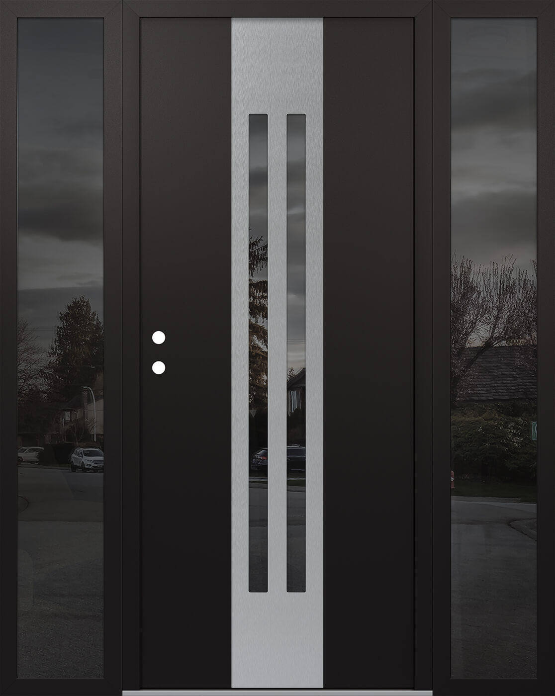 Modern Steel Front Door DIAMOND A8 64" X 80" BLACK/BLACK MIRRORED GLASS PANEL STAINLESS STEEL RHI WITH 2 SIDELITES MIRRORED GLASS