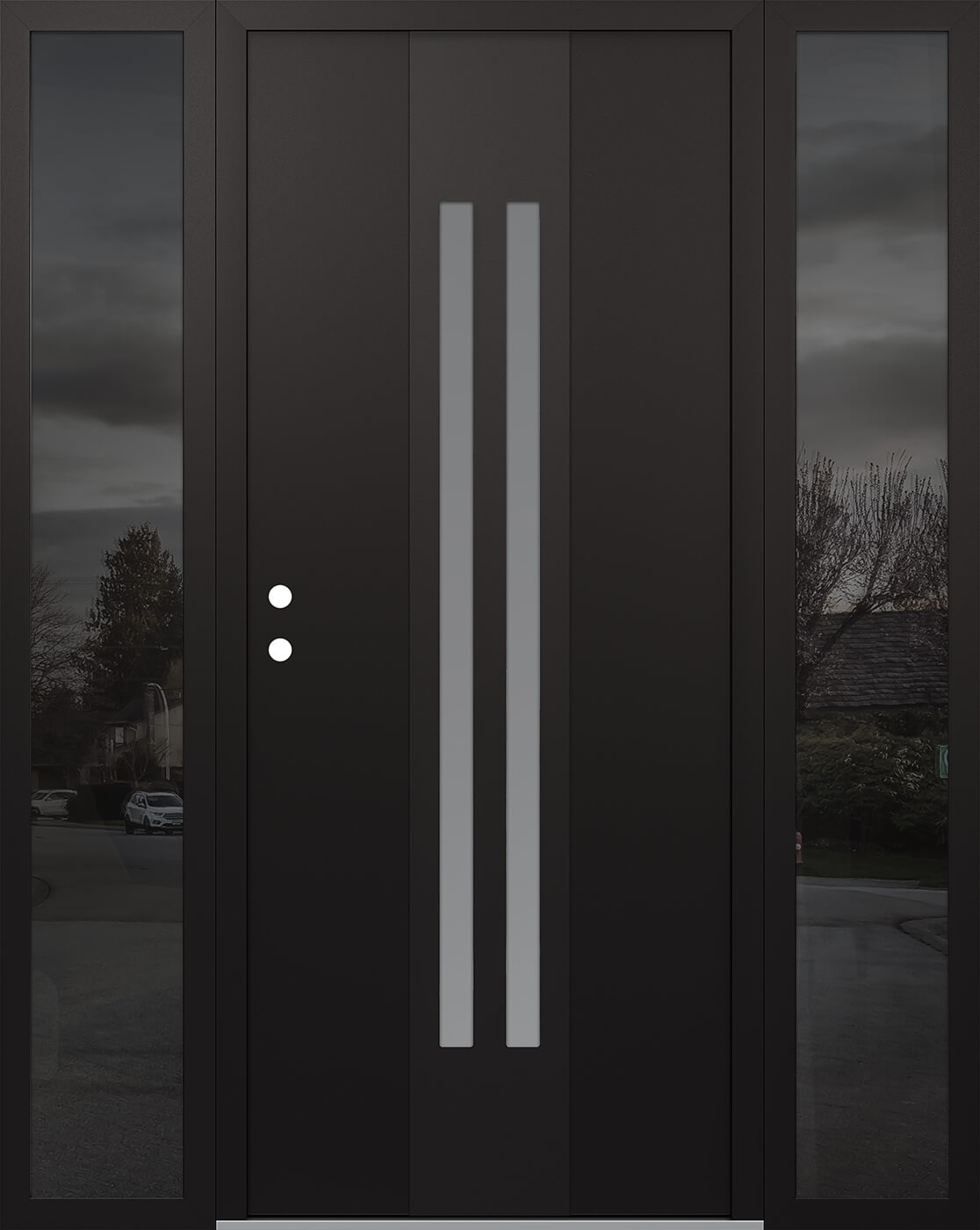 Modern Steel Front Door DIAMOND A8 64" X 80" BLACK/WHITE FROSTED GLASS PANEL BLACK RHI WITH 2 SIDELITES MIRRORED GLASS