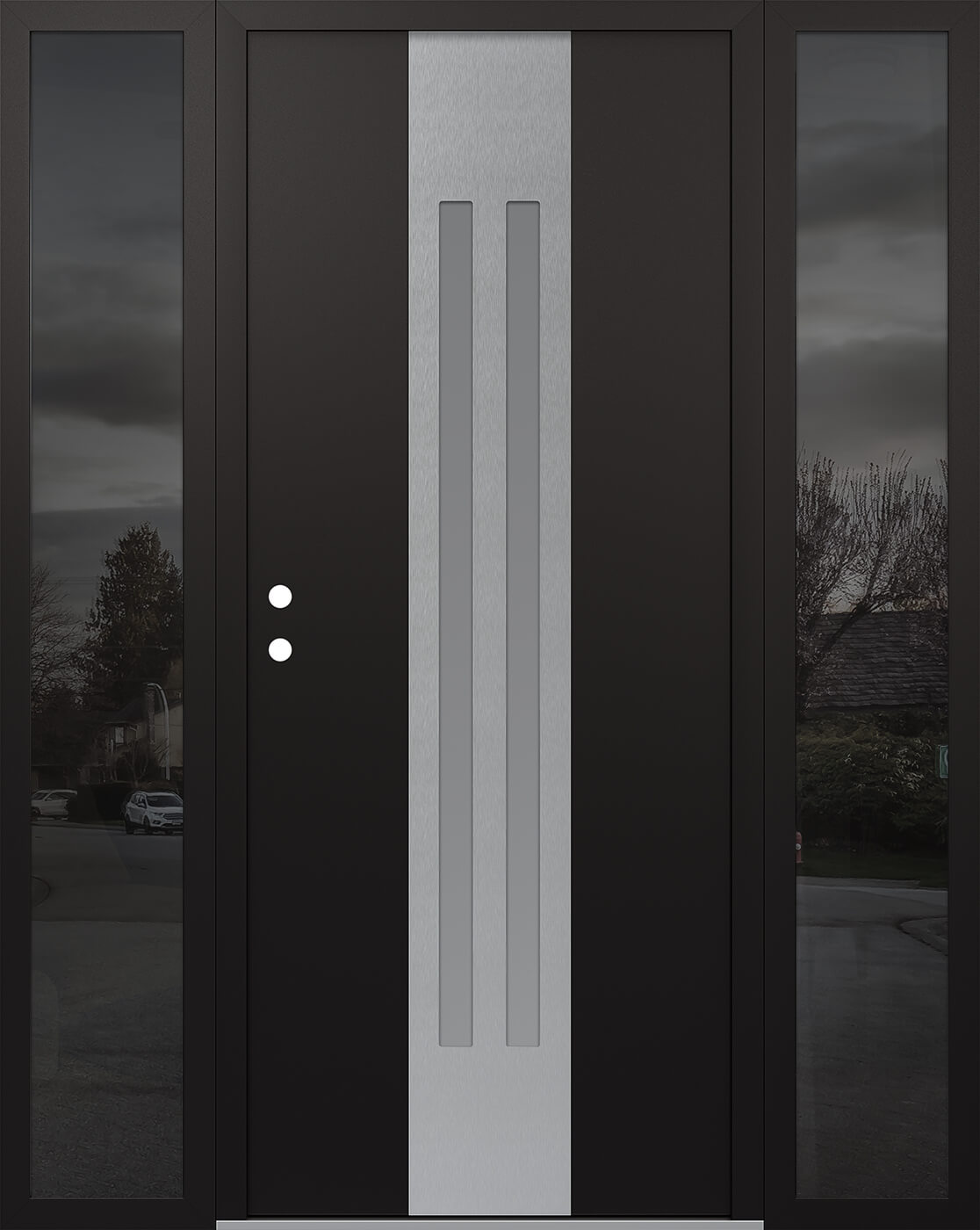 Modern Steel Front Door DIAMOND A8 64" X 80" BLACK/WHITE FROSTED GLASS PANEL STAINLESS STEEL RHI WITH 2 SIDELITES MIRRORED GLASS
