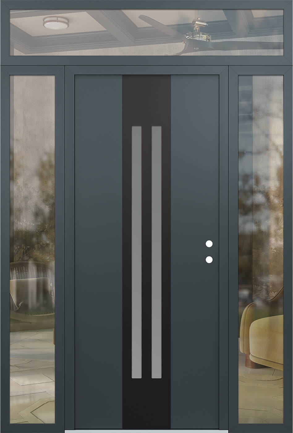 Modern Steel Front Door DIAMOND A8 64" X 96" ANTHRACITE/ANTHRACITE FROSTED GLASS PANEL BLACK LHI WITH 2 SIDELITES AND TRANSOM CLEAR GLASS