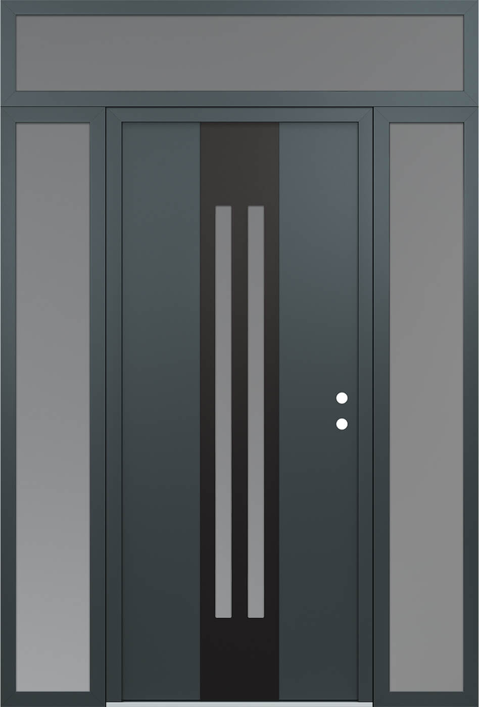Modern Steel Front Door DIAMOND A8 64" X 96" ANTHRACITE/ANTHRACITE FROSTED GLASS PANEL BLACK LHI WITH 2 SIDELITES AND TRANSOM FROSTED GLASS