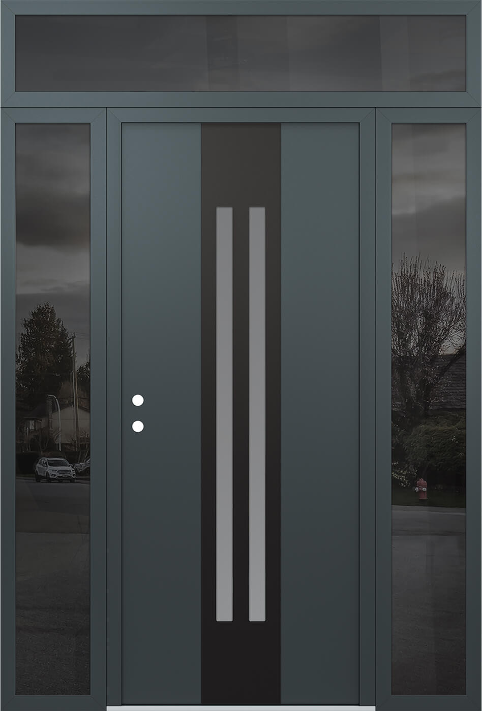 Modern Steel Front Door DIAMOND A8 64" X 96" ANTHRACITE/ANTHRACITE FROSTED GLASS PANEL BLACK RHI WITH 2 SIDELITES AND TRANSOM MIRRORED GLASS
