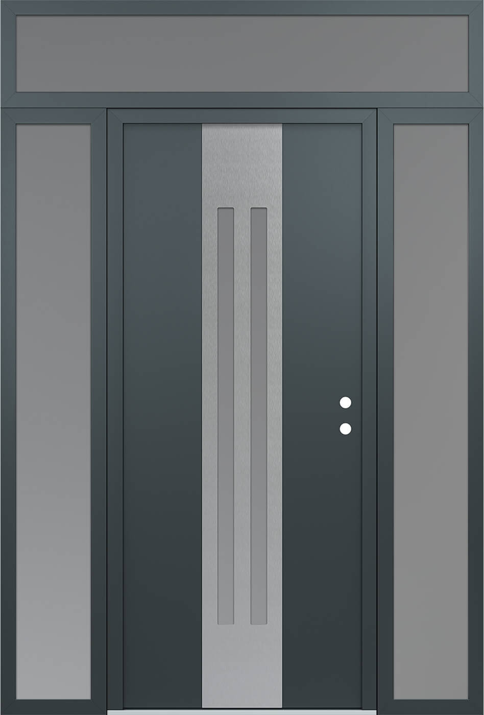 Modern Steel Front Door DIAMOND A8 64" X 96" ANTHRACITE/ANTHRACITE FROSTED GLASS PANEL STAINLESS STEEL LHI WITH 2 SIDELITES AND TRANSOM FROSTED GLASS