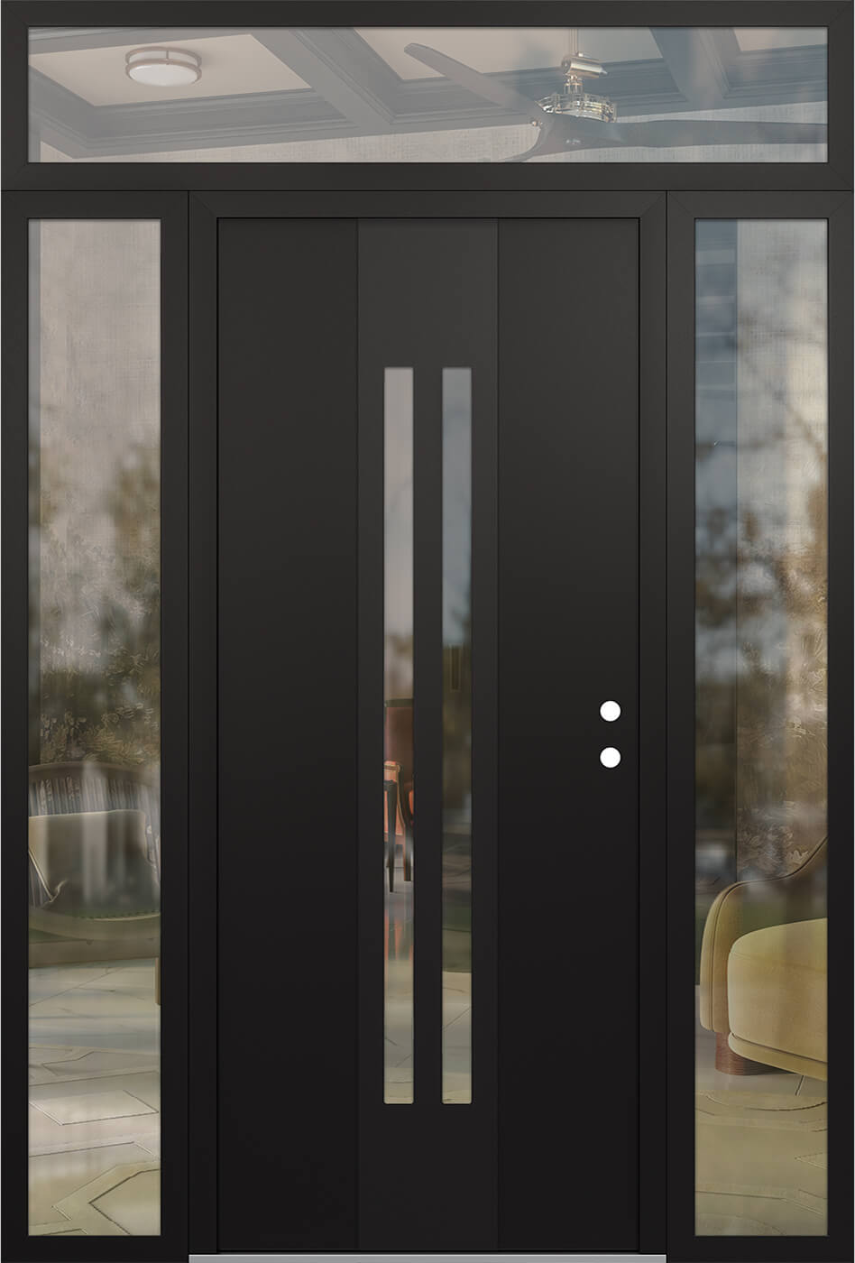 Modern Steel Front Door DIAMOND A8 64" X 96" BLACK/BLACK CLEAR GLASS PANEL BLACK LHI WITH 2 SIDELITES AND TRANSOM CLEAR GLASS