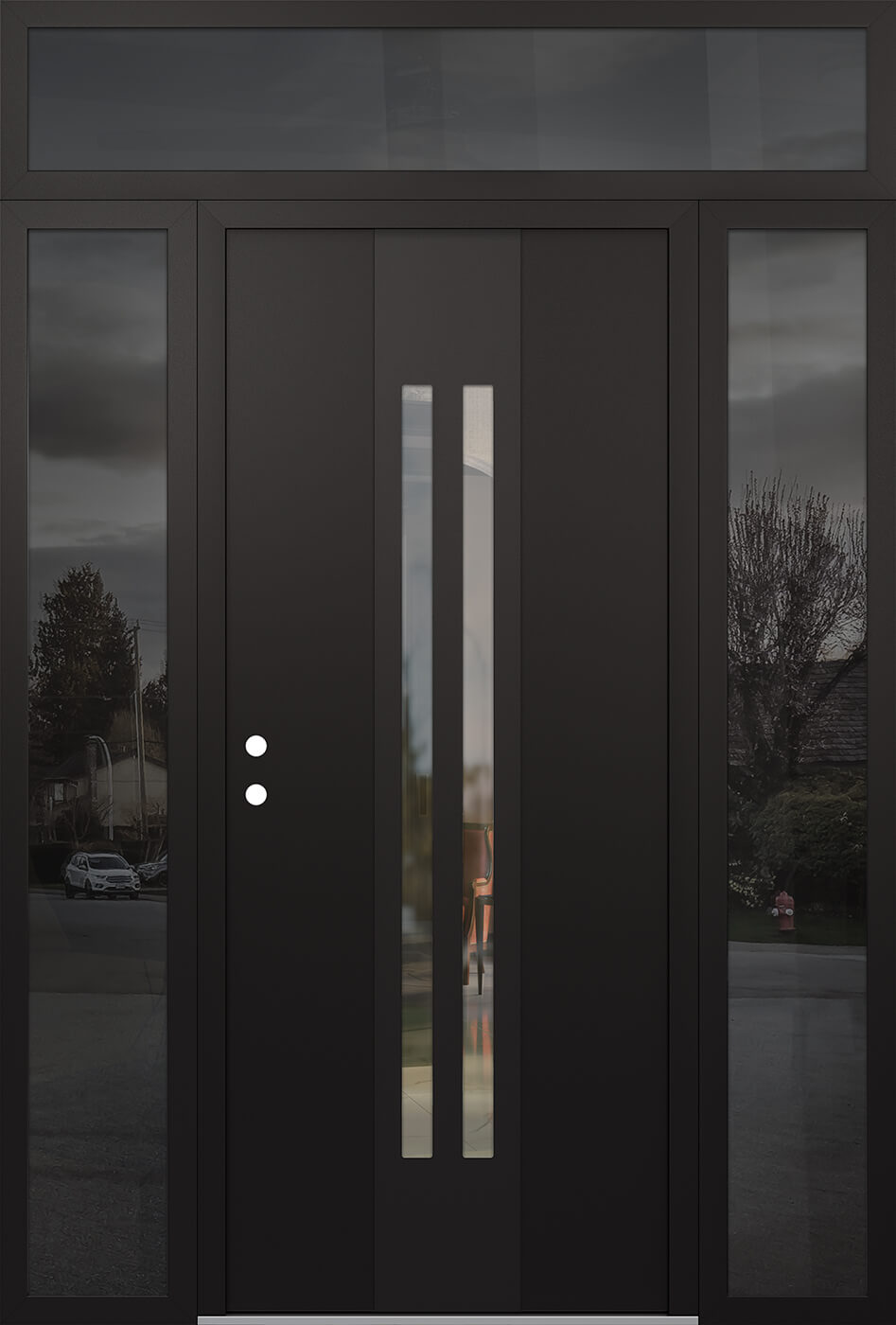 Modern Steel Front Door DIAMOND A8 64" X 96" BLACK/BLACK CLEAR GLASS PANEL BLACK RHI WITH 2 SIDELITES AND TRANSOM MIRRORED GLASS