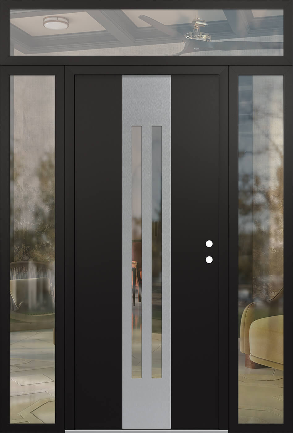 Modern Steel Front Door DIAMOND A8 64" X 96" BLACK/BLACK CLEAR GLASS PANEL STAINLESS STEEL LHI WITH 2 SIDELITES AND TRANSOM CLEAR GLASS
