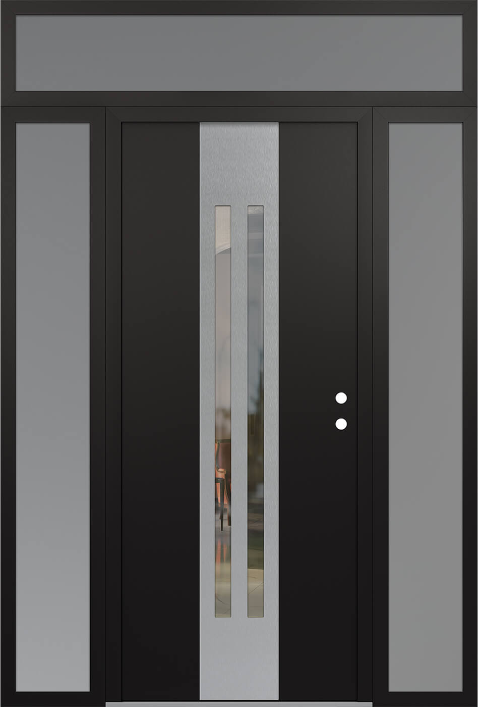 Modern Steel Front Door DIAMOND A8 64" X 96" BLACK/BLACK CLEAR GLASS PANEL STAINLESS STEEL LHI WITH 2 SIDELITES AND TRANSOM FROSTED GLASS