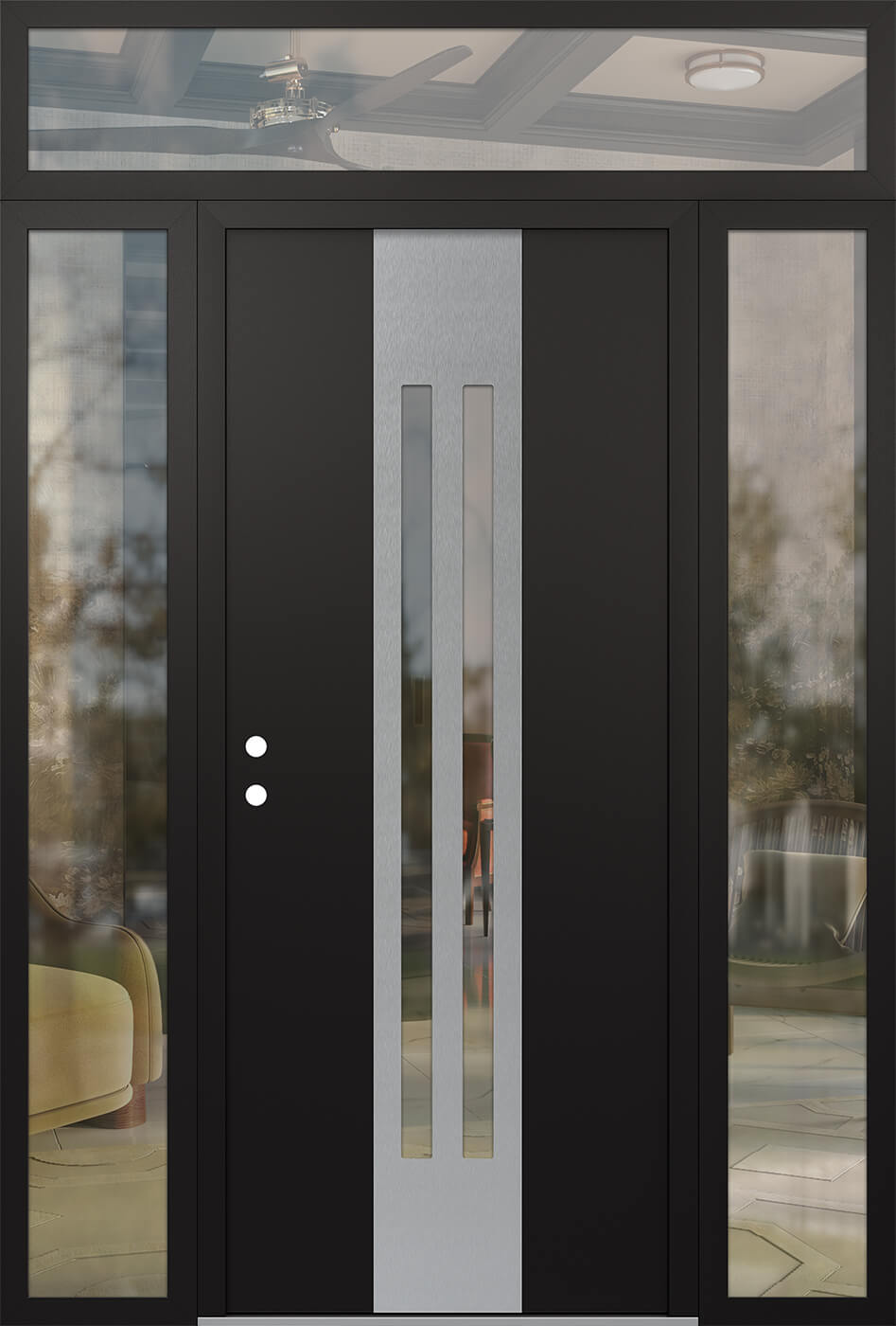 Modern Steel Front Door DIAMOND A8 64" X 96" BLACK/BLACK CLEAR GLASS PANEL STAINLESS STEEL RHI WITH 2 SIDELITES AND TRANSOM CLEAR GLASS