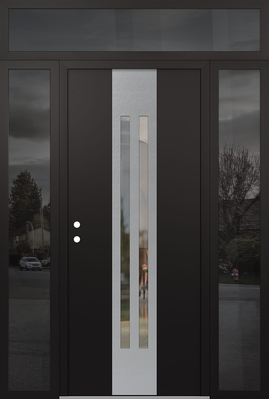 Modern Steel Front Door DIAMOND A8 64" X 96" BLACK/BLACK CLEAR GLASS PANEL STAINLESS STEEL RHI WITH 2 SIDELITES AND TRANSOM MIRRORED GLASS