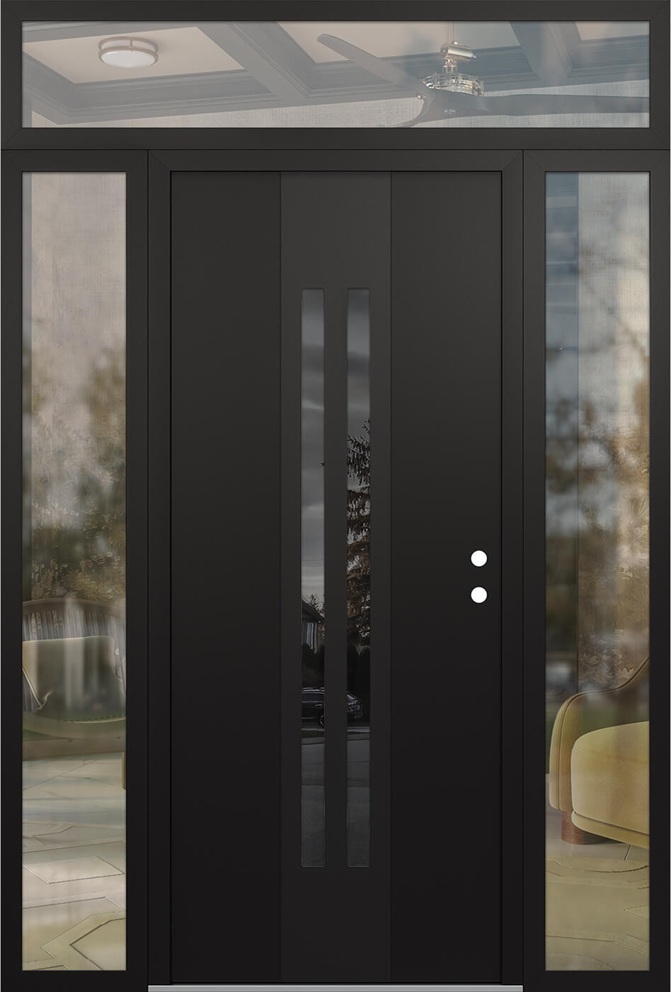 Modern Steel Front Door DIAMOND A8 64" X 96" BLACK/BLACK MIRRORED GLASS PANEL BLACK LHI WITH 2 SIDELITES AND TRANSOM CLEAR GLASS