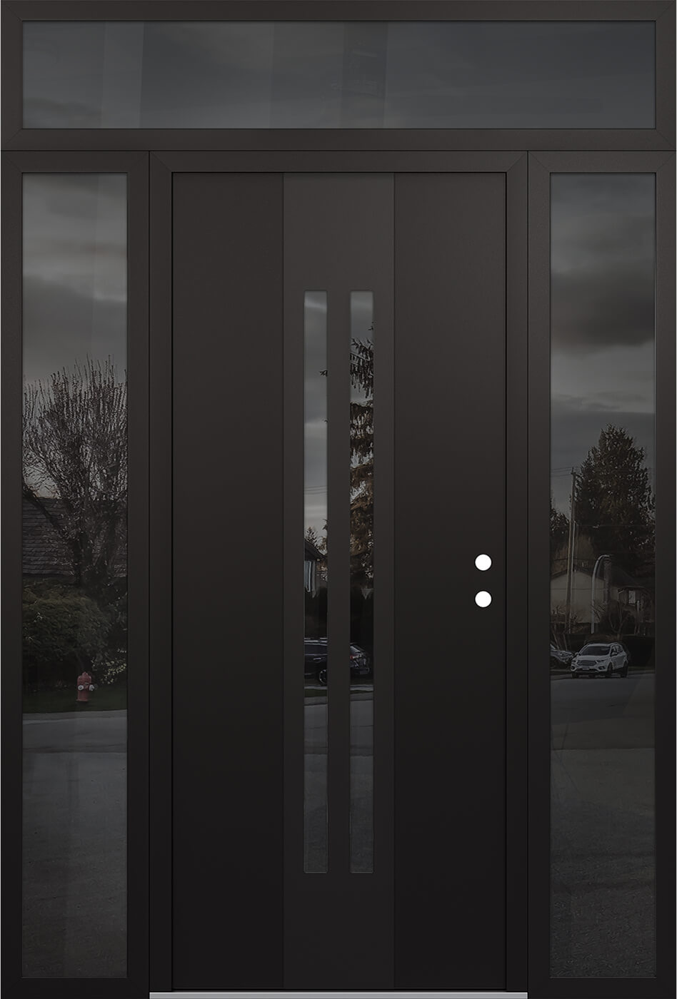 Modern Steel Front Door DIAMOND A8 64" X 96" BLACK/BLACK MIRRORED GLASS PANEL BLACK LHI WITH 2 SIDELITES AND TRANSOM MIRRORED GLASS