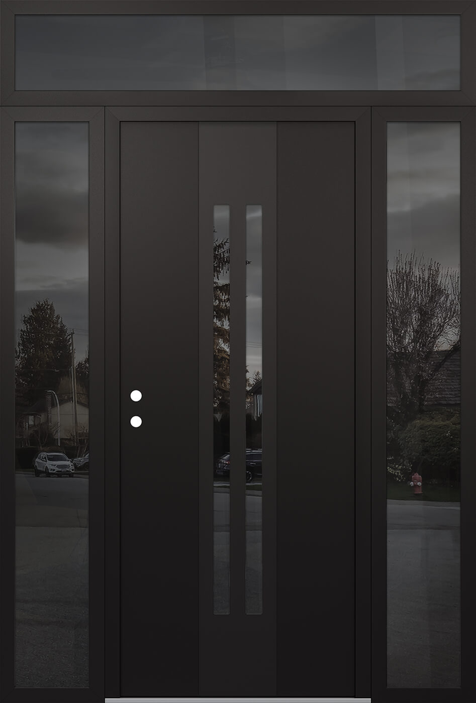 Modern Steel Front Door DIAMOND A8 64" X 96" BLACK/BLACK MIRRORED GLASS PANEL BLACK RHI WITH 2 SIDELITES AND TRANSOM MIRRORED GLASS