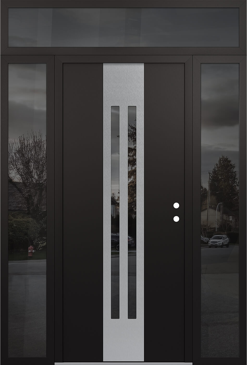 Modern Steel Front Door DIAMOND A8 64" X 96" BLACK/BLACK MIRRORED GLASS PANEL STAINLESS STEEL LHI WITH 2 SIDELITES AND TRANSOM MIRRORED GLASS