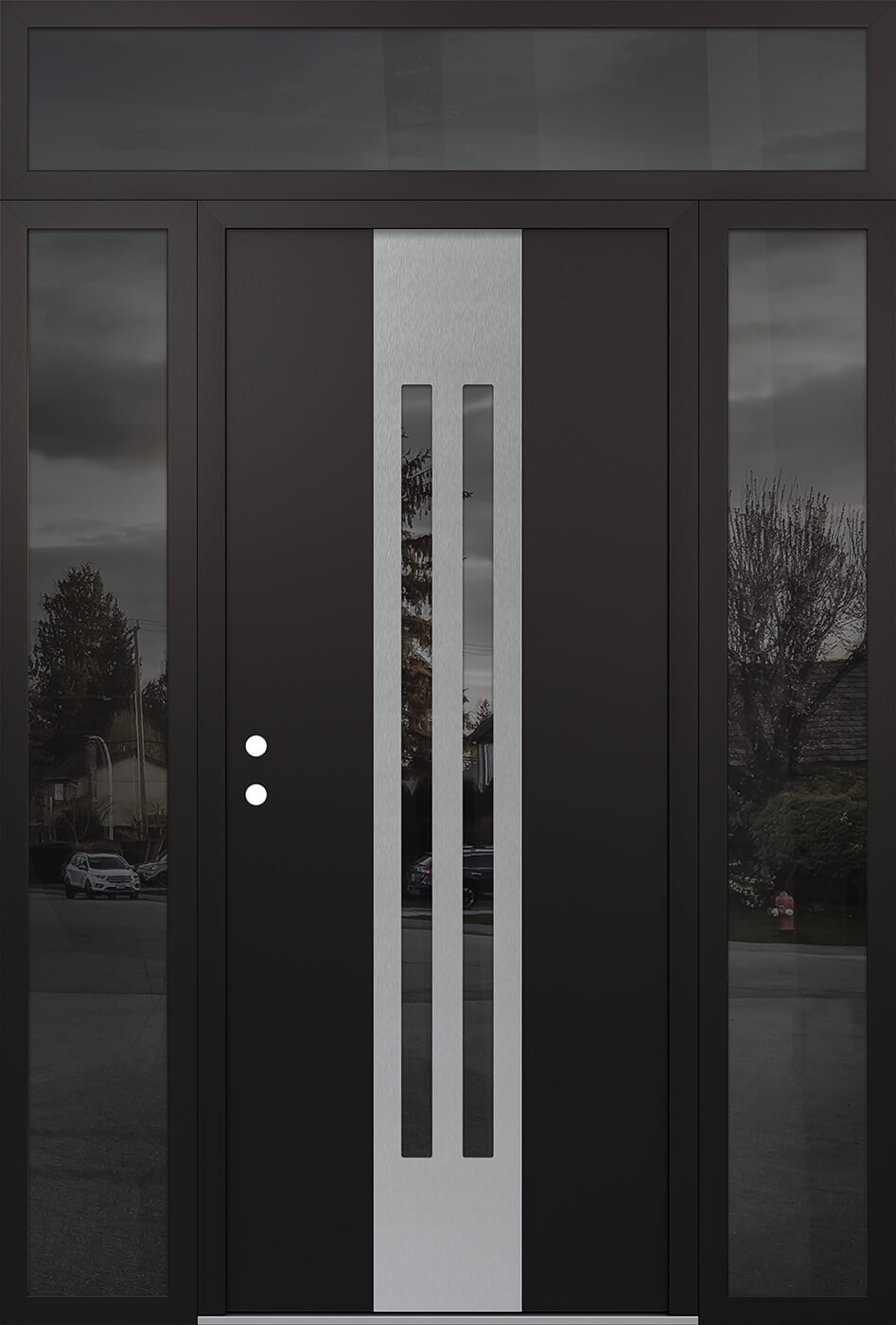 Modern Steel Front Door DIAMOND A8 64" X 96" BLACK/BLACK MIRRORED GLASS PANEL STAINLESS STEEL RHI WITH 2 SIDELITES AND TRANSOM MIRRORED GLASS