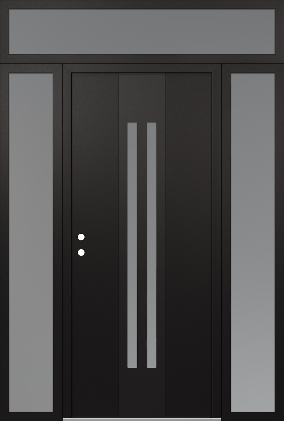 Modern Steel Front Door DIAMOND A8 64" X 96" BLACK/WHITE FROSTED GLASS PANEL BLACK RHI WITH 2 SIDELITES AND TRANSOM FROSTED GLASS
