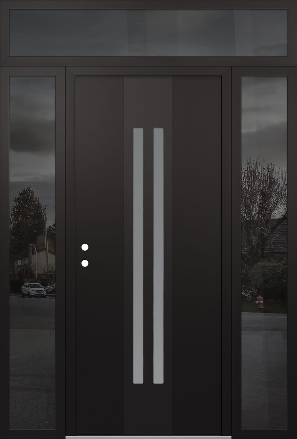 Modern Steel Front Door DIAMOND A8 64" X 96" BLACK/WHITE FROSTED GLASS PANEL BLACK RHI WITH 2 SIDELITES AND TRANSOM MIRRORED GLASS