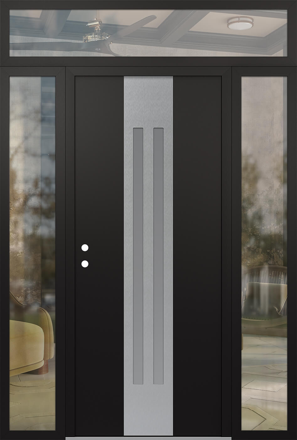 Modern Steel Front Door DIAMOND A8 64" X 96" BLACK/WHITE FROSTED GLASS PANEL STAINLESS STEEL RHI WITH 2 SIDELITES AND TRANSOM CLEAR GLASS
