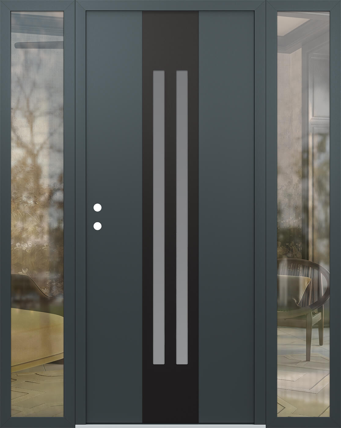 Modern Steel Front Door DIAMOND A8 68" X 80" ANTHRACITE/ANTHRACITE FROSTED GLASS PANEL BLACK RHI WITH 2 SIDELITES CLEAR GLASS