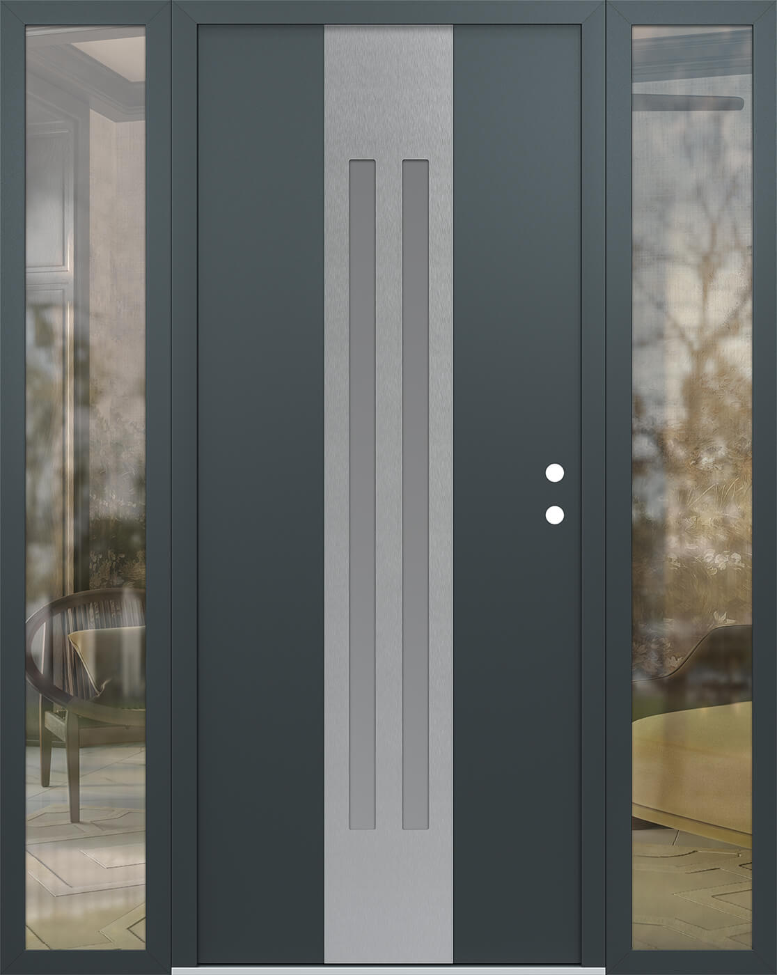 Modern Steel Front Door DIAMOND A8 68" X 80" ANTHRACITE/ANTHRACITE FROSTED GLASS PANEL STAINLESS STEEL LHI WITH 2 SIDELITES CLEAR GLASS