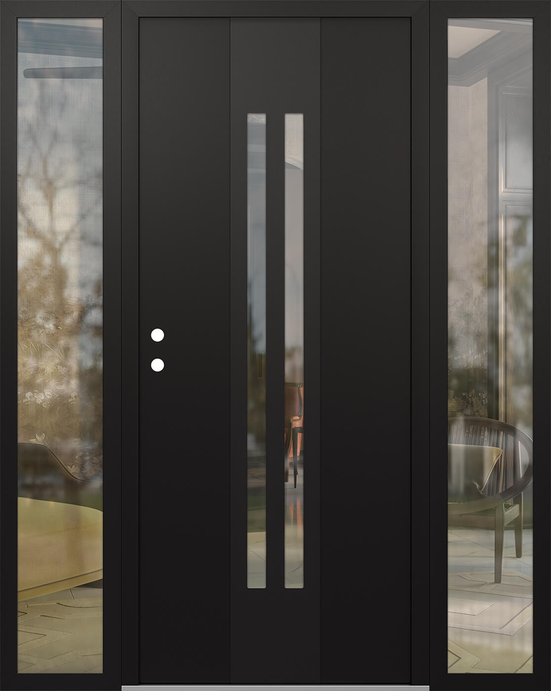 Modern Steel Front Door DIAMOND A8 68" X 80" BLACK/BLACK CLEAR GLASS PANEL BLACK RHI WITH 2 SIDELITES CLEAR GLASS