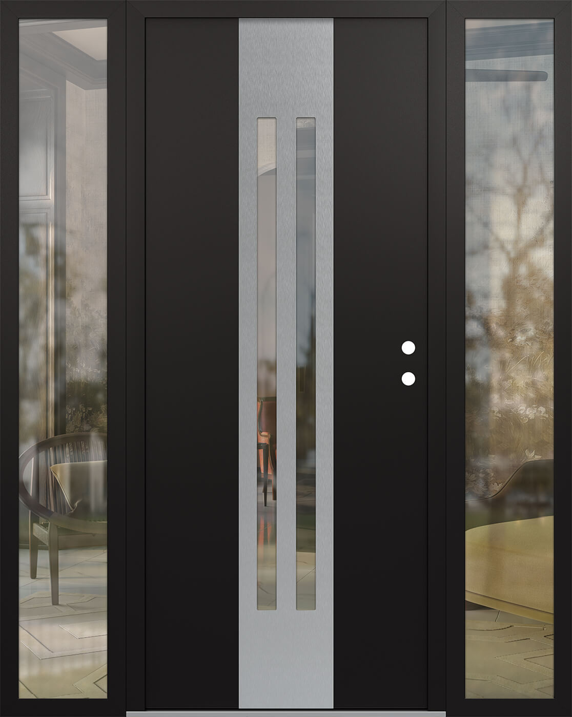 Modern Steel Front Door DIAMOND A8 68" X 80" BLACK/BLACK CLEAR GLASS PANEL STAINLESS STEEL LHI WITH 2 SIDELITES CLEAR GLASS