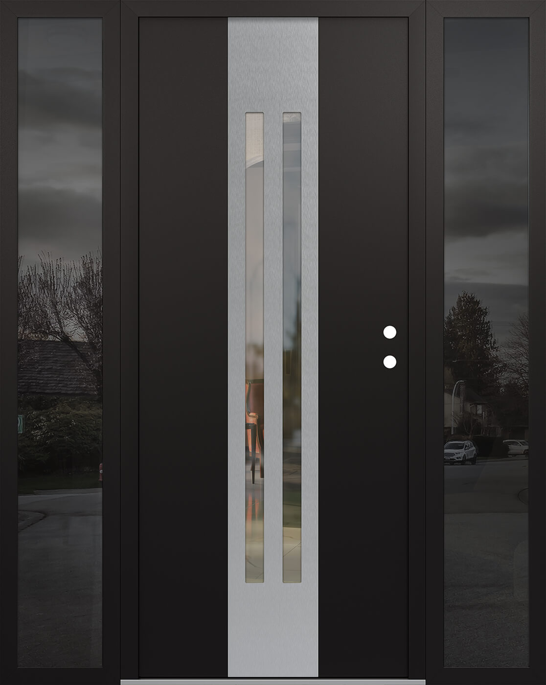 Modern Steel Front Door DIAMOND A8 68" X 80" BLACK/BLACK CLEAR GLASS PANEL STAINLESS STEEL LHI WITH 2 SIDELITES MIRRORED GLASS