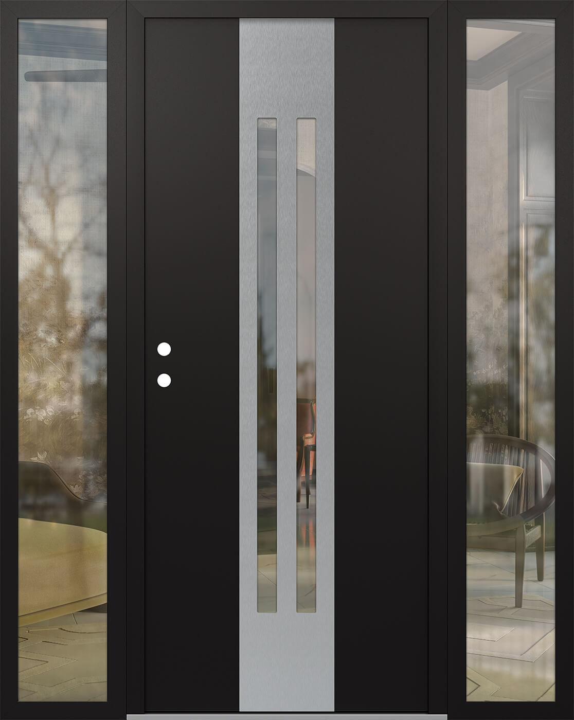 Modern Steel Front Door DIAMOND A8 68" X 80" BLACK/BLACK CLEAR GLASS PANEL STAINLESS STEEL RHI WITH 2 SIDELITES CLEAR GLASS