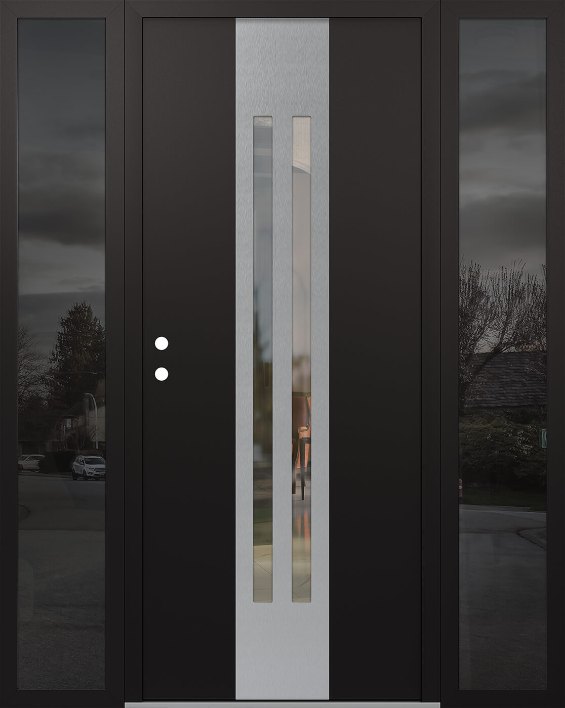 Modern Steel Front Door DIAMOND A8 68" X 80" BLACK/BLACK CLEAR GLASS PANEL STAINLESS STEEL RHI WITH 2 SIDELITES MIRRORED GLASS
