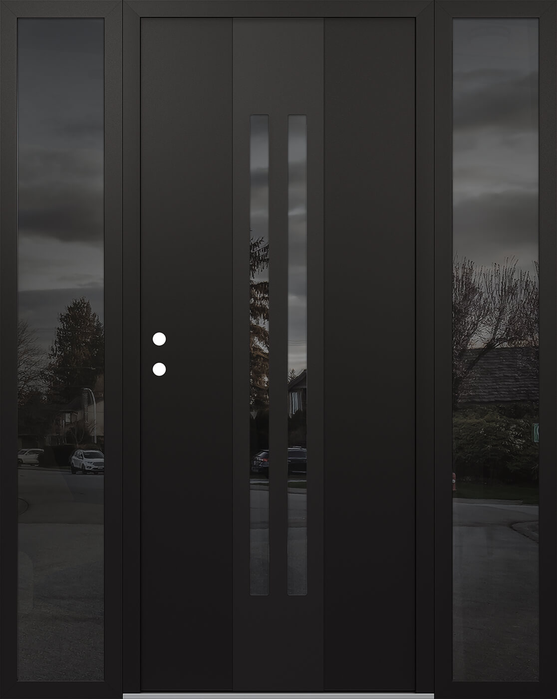 Modern Steel Front Door DIAMOND A8 68" X 80" BLACK/BLACK MIRRORED GLASS PANEL BLACK RHI WITH 2 SIDELITES MIRRORED GLASS