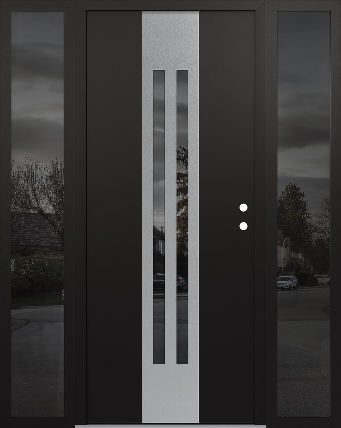 Modern Steel Front Door DIAMOND A8 68" X 80" BLACK/BLACK MIRRORED GLASS PANEL STAINLESS STEEL LHI WITH 2 SIDELITES MIRRORED GLASS
