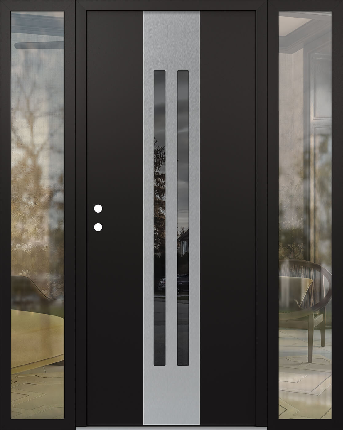 Modern Steel Front Door DIAMOND A8 68" X 80" BLACK/BLACK MIRRORED GLASS PANEL STAINLESS STEEL RHI WITH 2 SIDELITES CLEAR GLASS