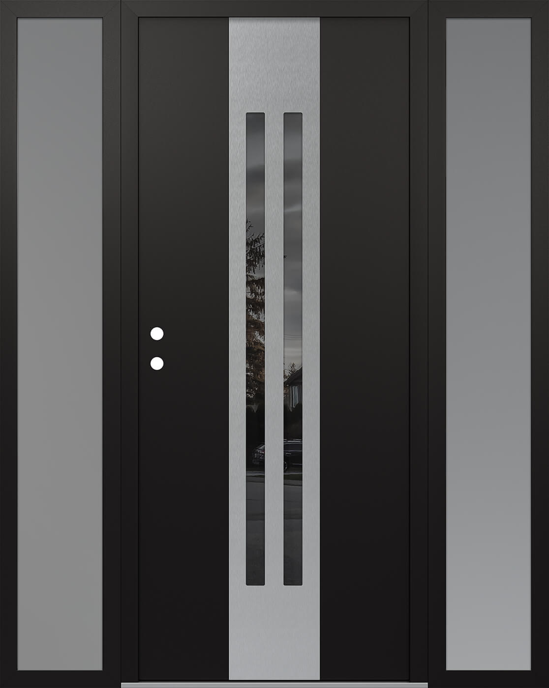 Modern Steel Front Door DIAMOND A8 68" X 80" BLACK/BLACK MIRRORED GLASS PANEL STAINLESS STEEL RHI WITH 2 SIDELITES FROSTED GLASS