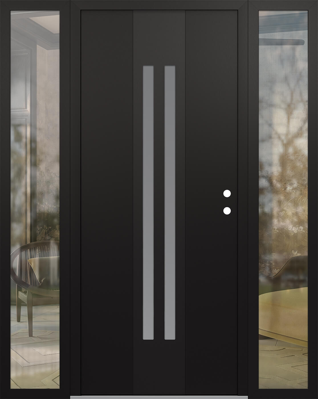 Modern Steel Front Door DIAMOND A8 68" X 80" BLACK/WHITE FROSTED GLASS PANEL BLACK LHI WITH 2 SIDELITES CLEAR GLASS