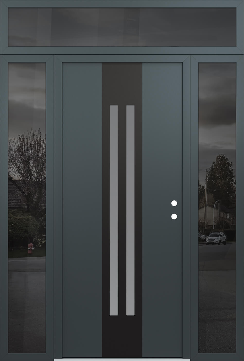 Modern Steel Front Door DIAMOND A8 68" X 96" ANTHRACITE/ANTHRACITE FROSTED GLASS PANEL BLACK LHI WITH 2 SIDELITES AND TRANSOM MIRRORED GLASS