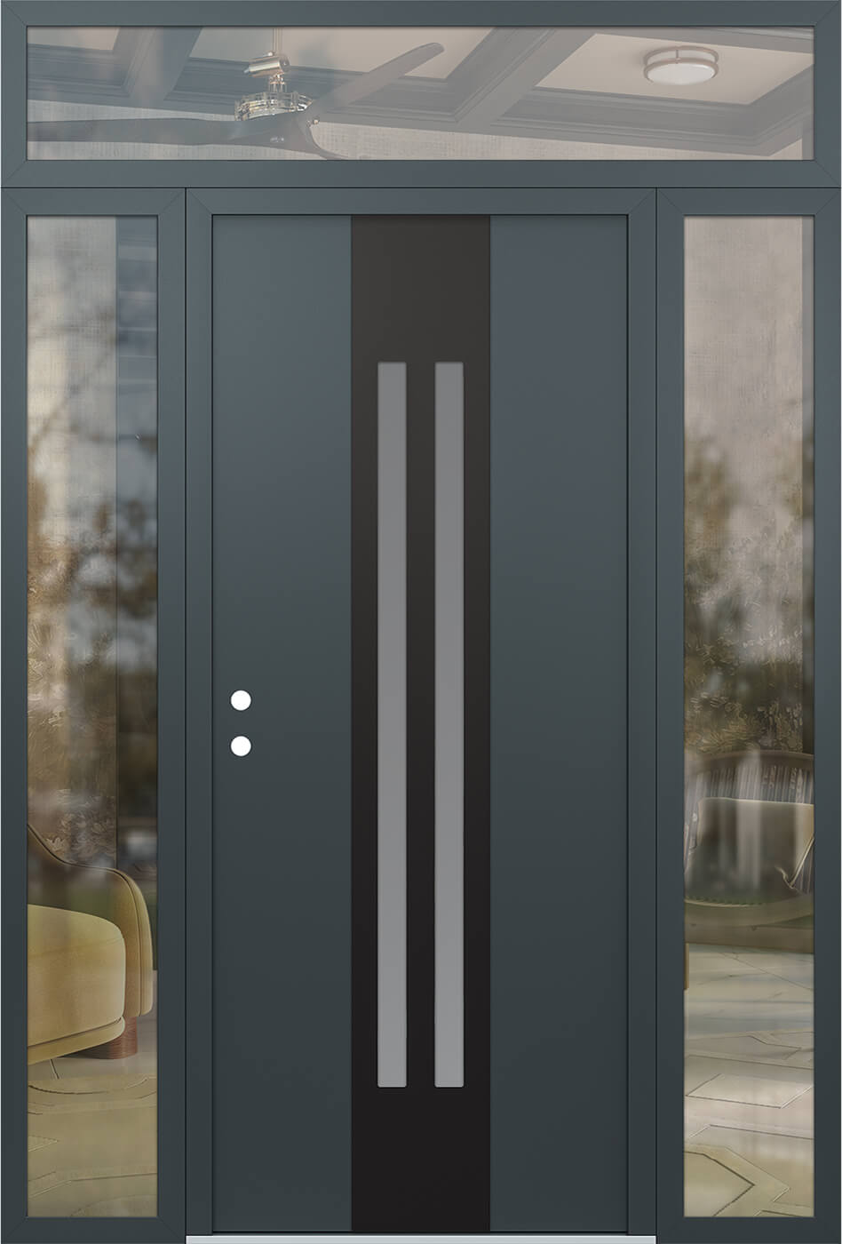 Modern Steel Front Door DIAMOND A8 68" X 96" ANTHRACITE/ANTHRACITE FROSTED GLASS PANEL BLACK RHI WITH 2 SIDELITES AND TRANSOM CLEAR GLASS