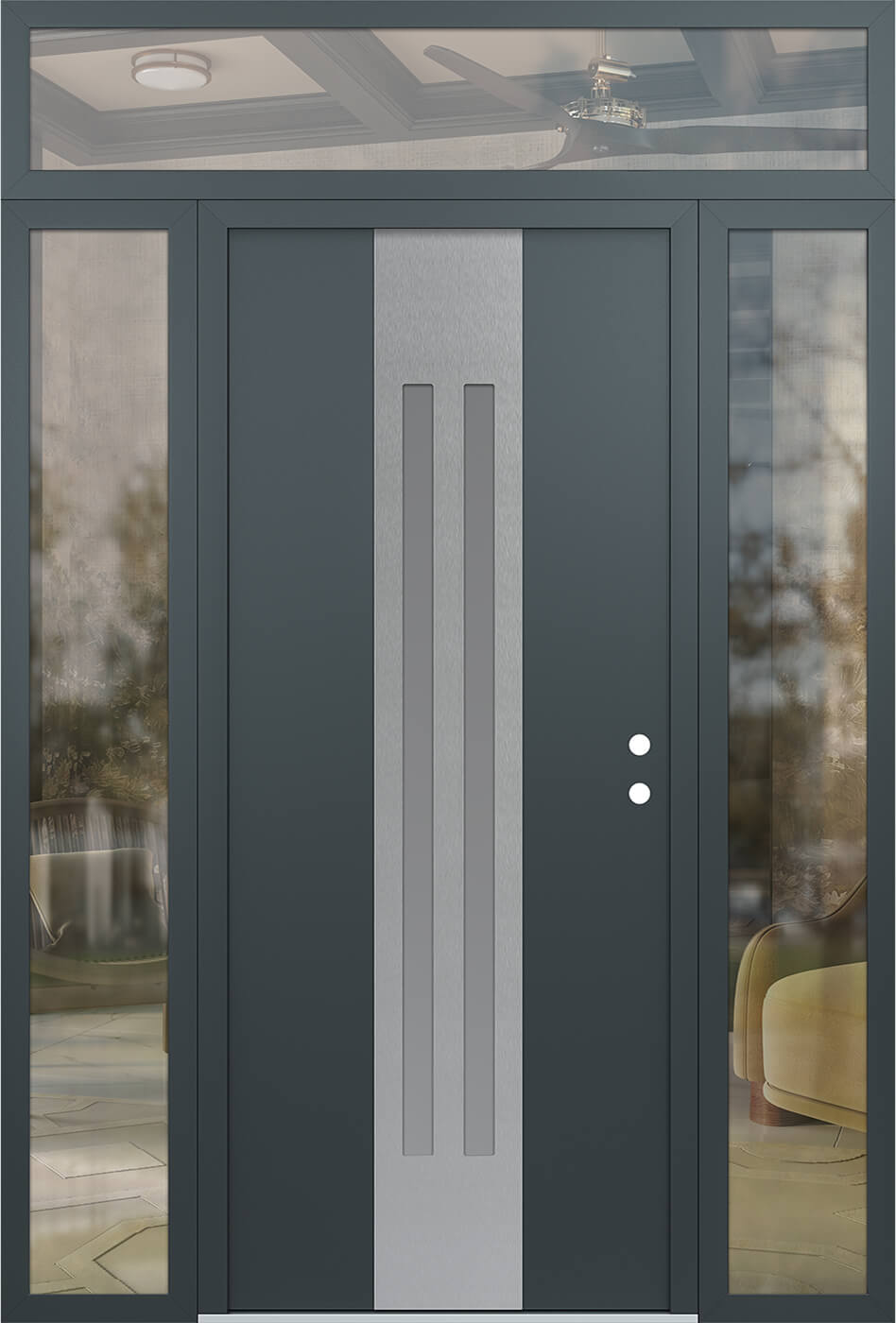 Modern Steel Front Door DIAMOND A8 68" X 96" ANTHRACITE/ANTHRACITE FROSTED GLASS PANEL STAINLESS STEEL LHI WITH 2 SIDELITES AND TRANSOM CLEAR GLASS