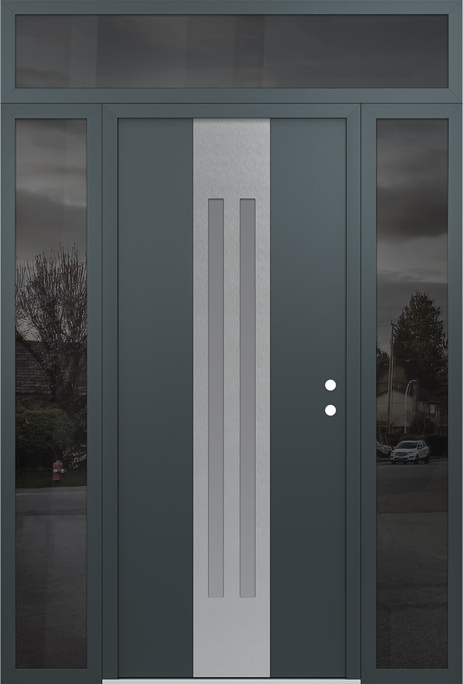Modern Steel Front Door DIAMOND A8 68" X 96" ANTHRACITE/ANTHRACITE FROSTED GLASS PANEL STAINLESS STEEL LHI WITH 2 SIDELITES AND TRANSOM MIRRORED GLASS