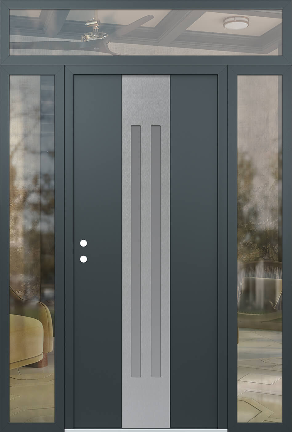 Modern Steel Front Door DIAMOND A8 68" X 96" ANTHRACITE/ANTHRACITE FROSTED GLASS PANEL STAINLESS STEEL RHI WITH 2 SIDELITES AND TRANSOM CLEAR GLASS