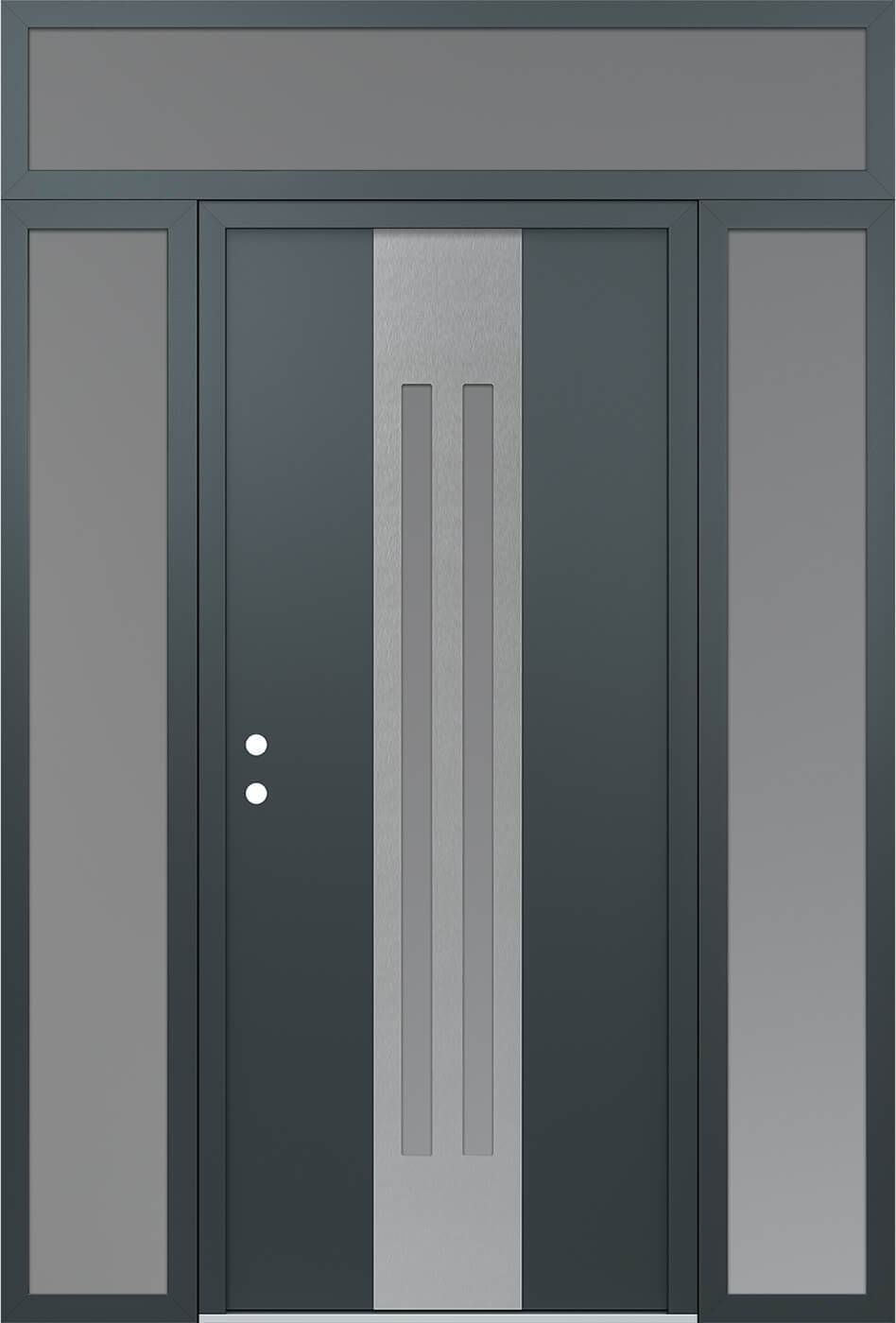Modern Steel Front Door DIAMOND A8 68" X 96" ANTHRACITE/ANTHRACITE FROSTED GLASS PANEL STAINLESS STEEL RHI WITH 2 SIDELITES AND TRANSOM FROSTED GLASS